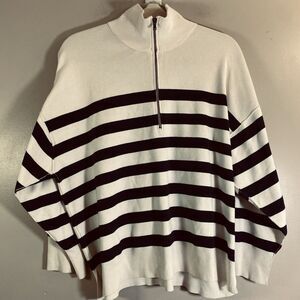 Free People Sweater Women Large Navy Ivory Stripe Quarter Zip Pullover OB1702000